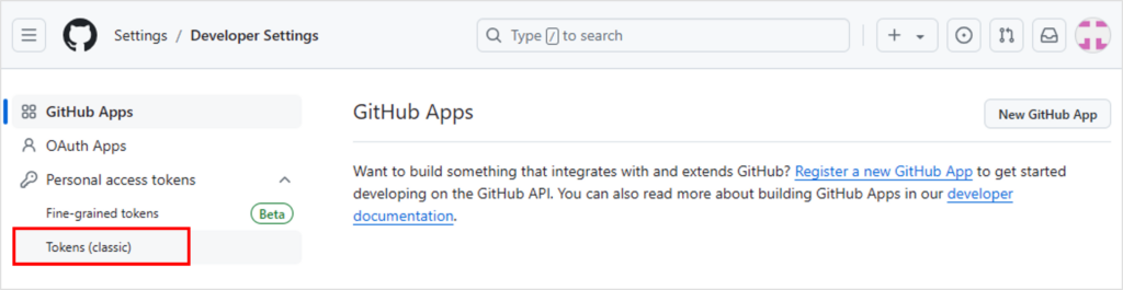 GitHubのアクセスキー発行手順_「Token(classic)」の選択