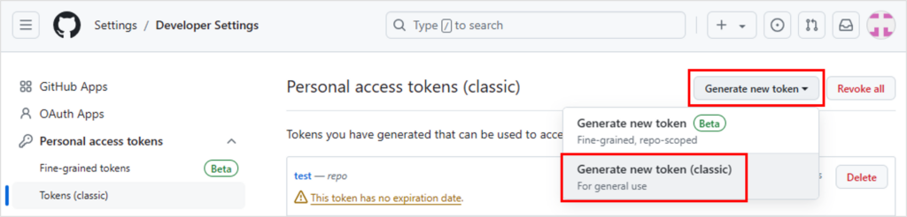 GitHubのアクセスキー発行手順_「Generate new token(classic)」の選択