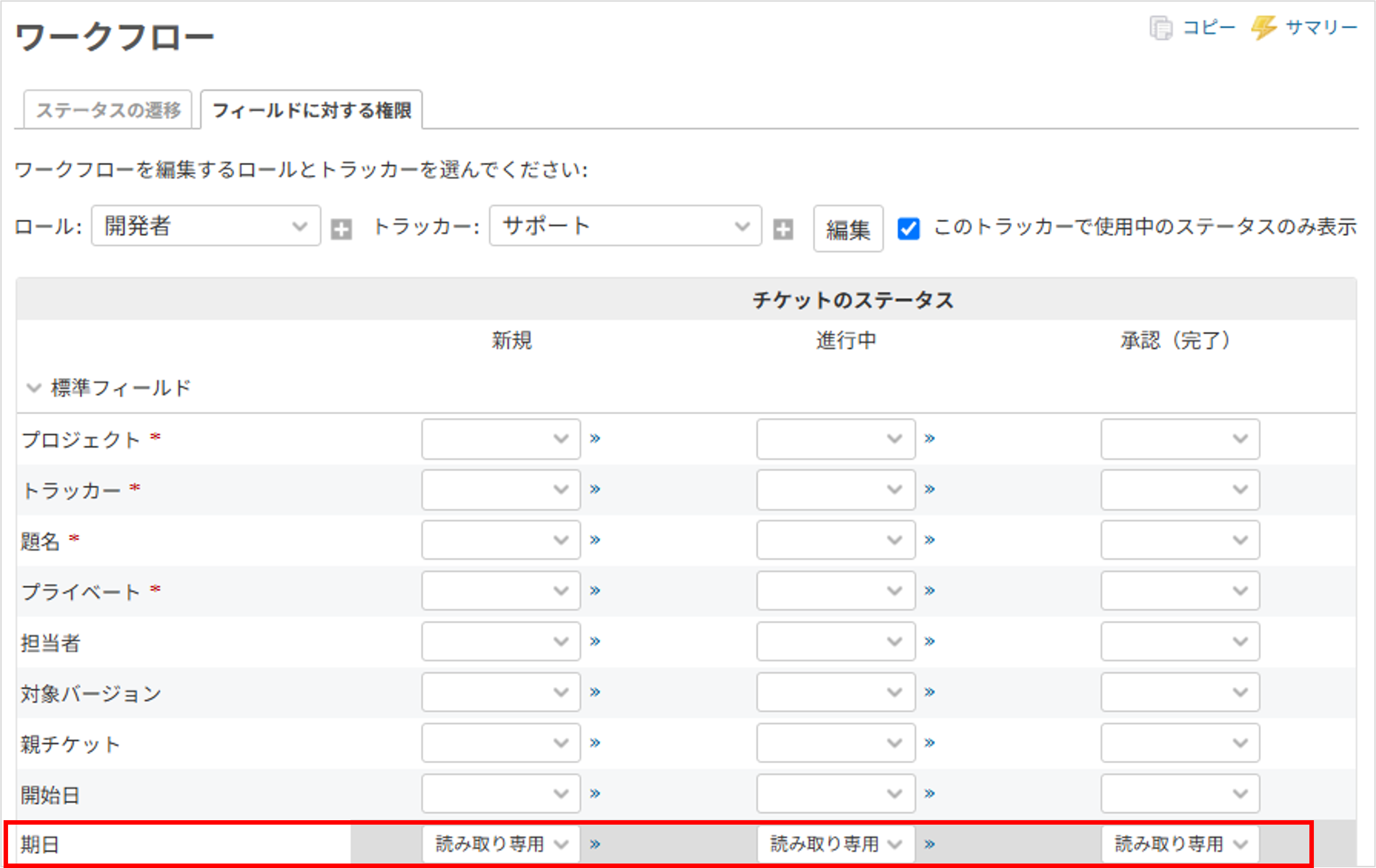 Redmineのワークフロー画面