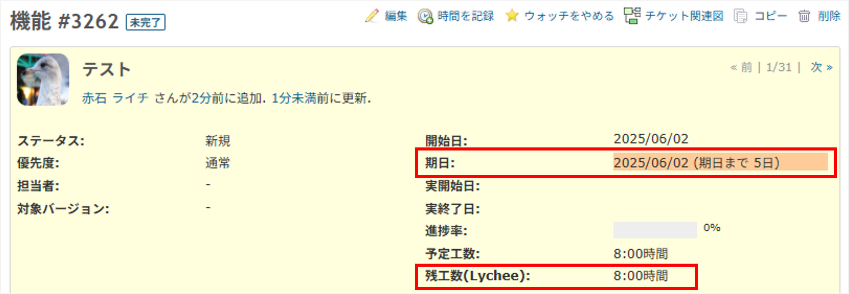 Redmineのチケットの詳細画面