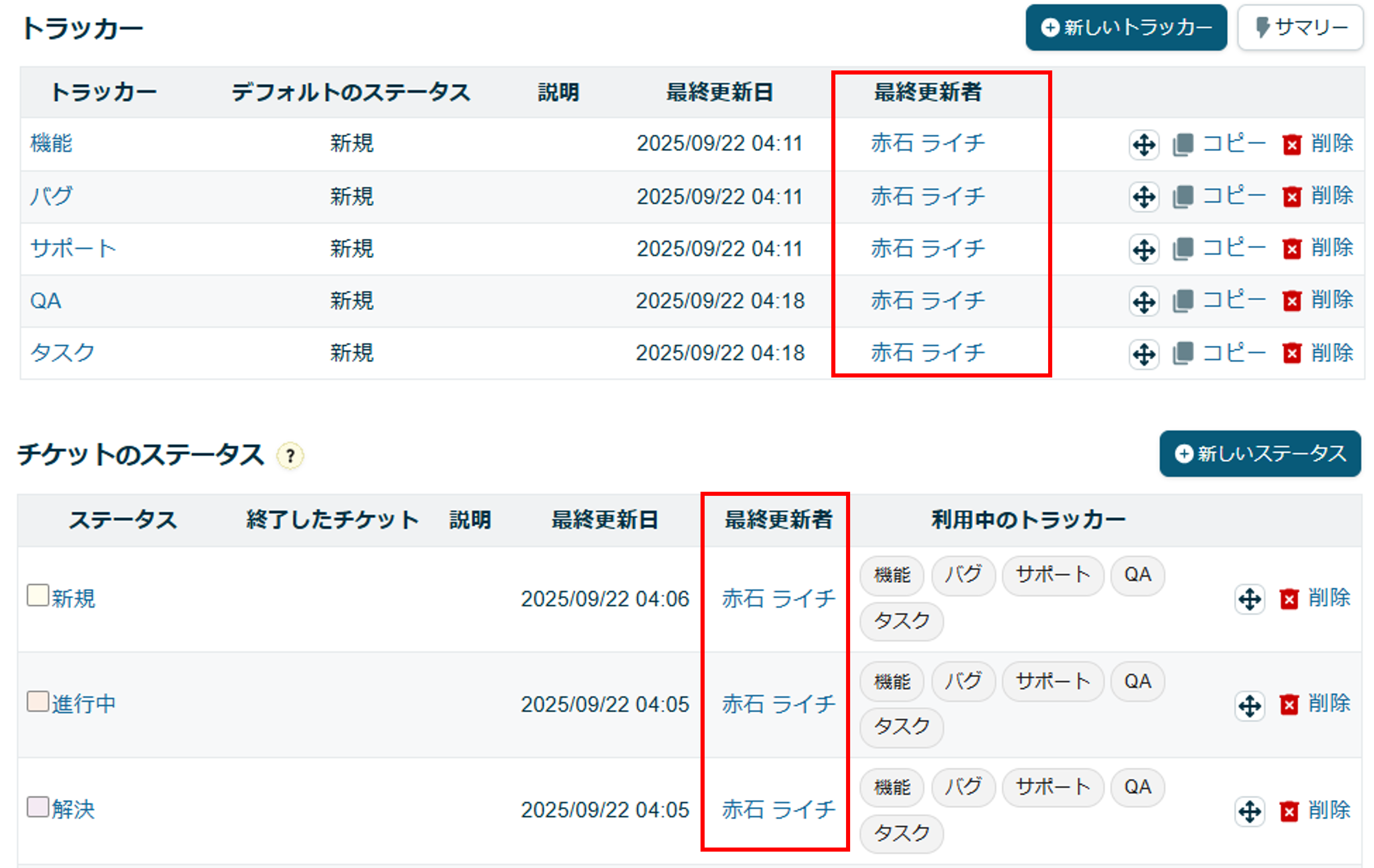 Lychee Redmineのトラッカーとステータス一覧画面に、最終更新者の項目を表示