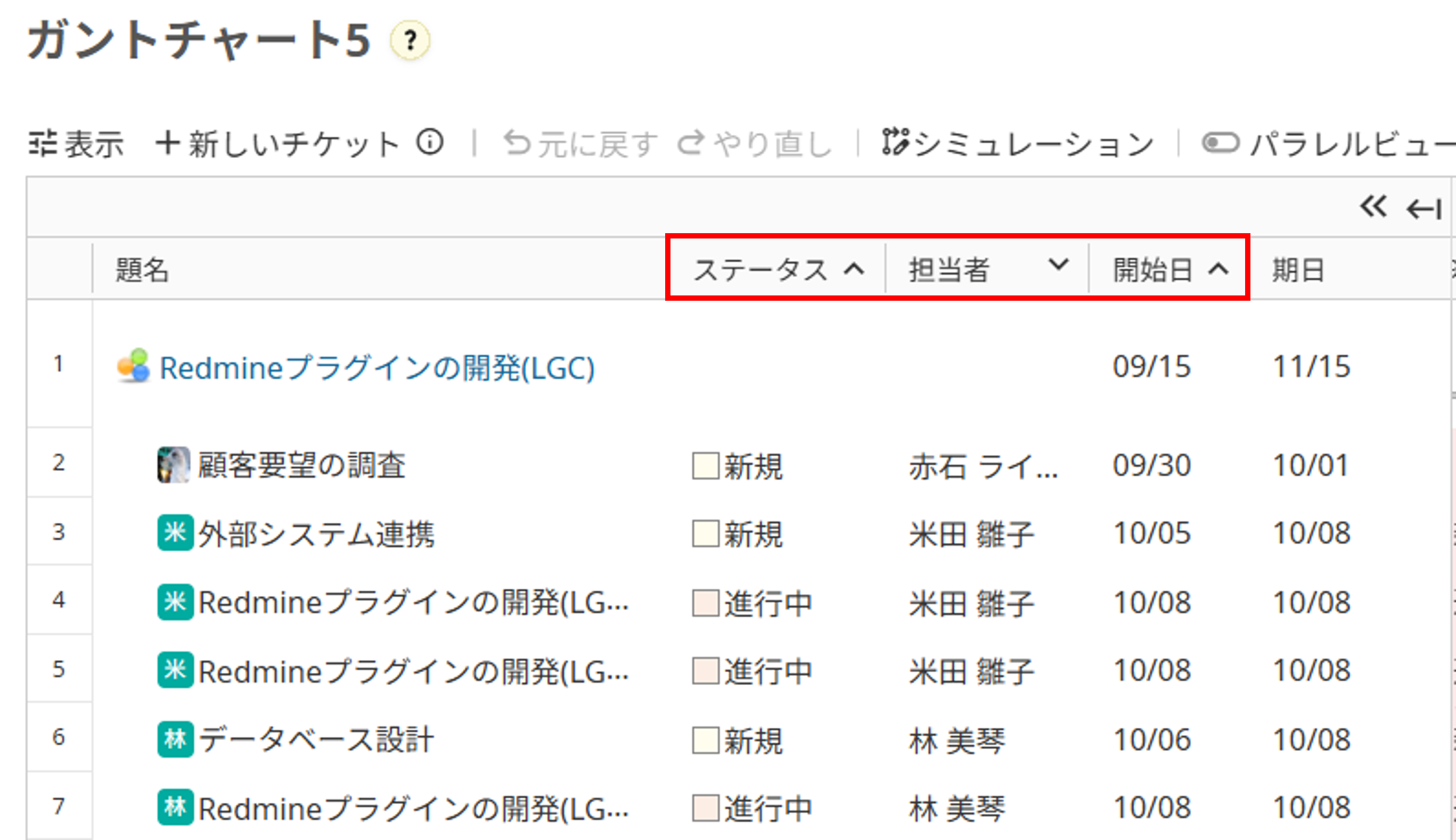 Lycheeガントチャート5で表示項目名のヘッダからソート条件を3つまでセットできる