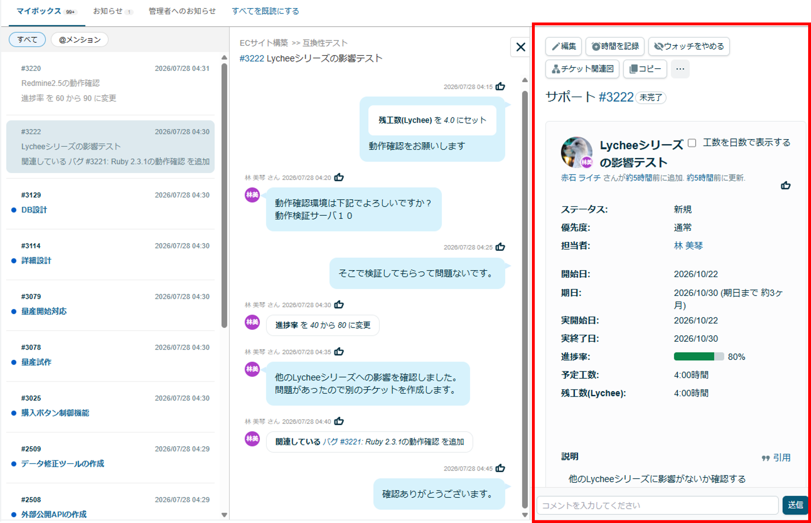 Lychee Redmineのメッセージボックス
